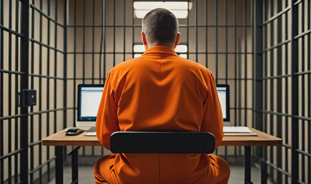 back view of prisoner in orange clothes sitting in jail cell at table with two laptop, blurry metal bars grid backgroungd in back, generative AI