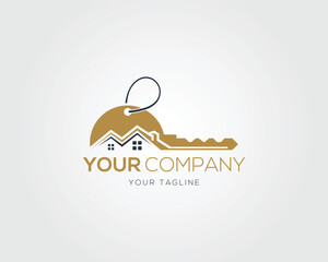 Real estate key house logo design vector template illustration. - obrazy, fototapety, plakaty