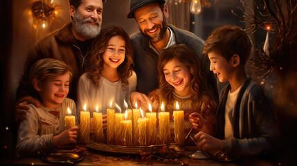 Jovial Kids and Parents Gathered Around Table, Illuminating Hanukkah Menorah