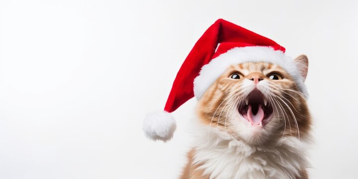Fluffy cat with a Santa hat on a white background