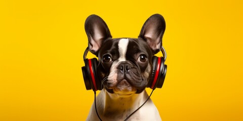 A Dog wearing headphones against A yellow background 