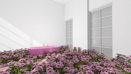 The room is full of flowers. 3D illustration, 3D rendering	