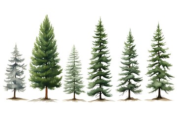 Obraz premium Set of photos of pine trees, colorful, big trees, white background, illustrations