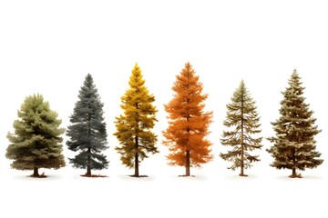 Obraz premium Set of photos of pine trees, colorful, big trees, white background, illustrations