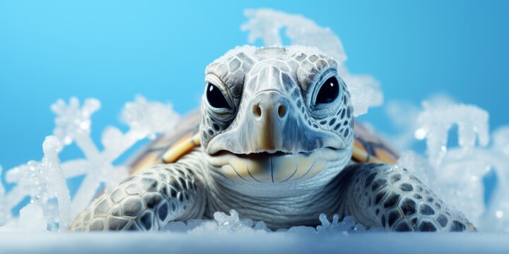 Young turtle on a frosty surface with a blue background
