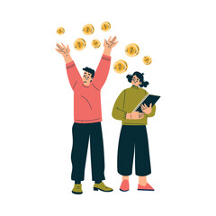 Investment in Stock with Man and Woman Character Cheering Trading Gaining Profit Vector Illustration