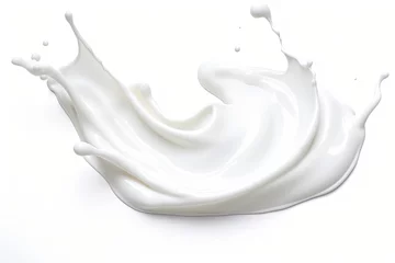 Keuken spatwand met foto Fresh, creamy milk motion on a clean white background, pouring and splashing. © Andrii Zastrozhnov