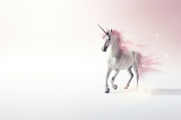 A white unicorn with a pink mane in a magical landscape.
