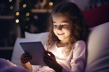 A cute little girl sitting in her bedroom, using a tablet for Christmas games and learning.