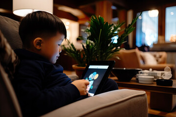 An Asian toddler engaged in technology, using a tablet for learning and entertainment at home.