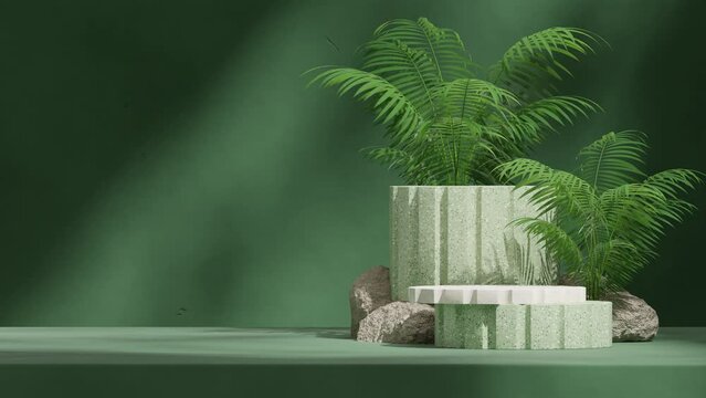 blank mockup green terrazzo podium of with looping seamless shadow animation rocks and aracea palm, 3d footage render
