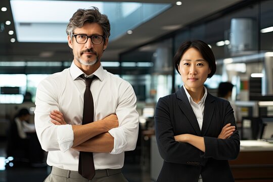 A confident Asian businesswoman and bearded businessman in an office showcase professional elegance and teamwork.