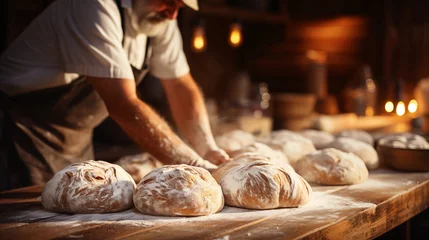 Tuinposter Close-up of a male bakery chef kneading dough to make delicious bread. Making delicious and fresh bread. Generative AI © Анатолий Савицкий