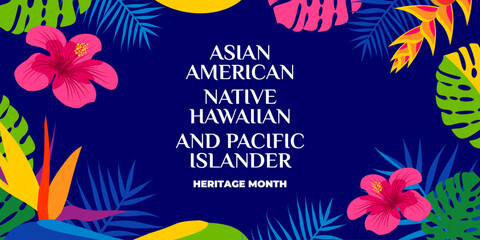 Asian american, native hawaiian and pacific islander heritage month. Vector vertical banner for social media. Illustration with text, hibiscus. Asian Pacific American Heritage Month on blue background - obrazy, fototapety, plakaty