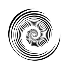 Spiral lines element. Radial spinning stripes texture. Black circle swirl shape. Abstract geometric background design for poster, banner, logo, icon, collage, label, tag, emblem. Vector illustration