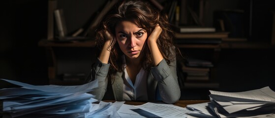 Fototapeta na wymiar Overwhelmed business woman working late with documents. Work stress and deadline pressure.