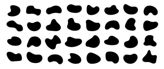 Abstract organic shapes collection. Irregular liquid forms set. Black amoeba blobs, blotches, drops and stains pack. Different design elements for label, sticker, banner, speech bubble. Vector bundle