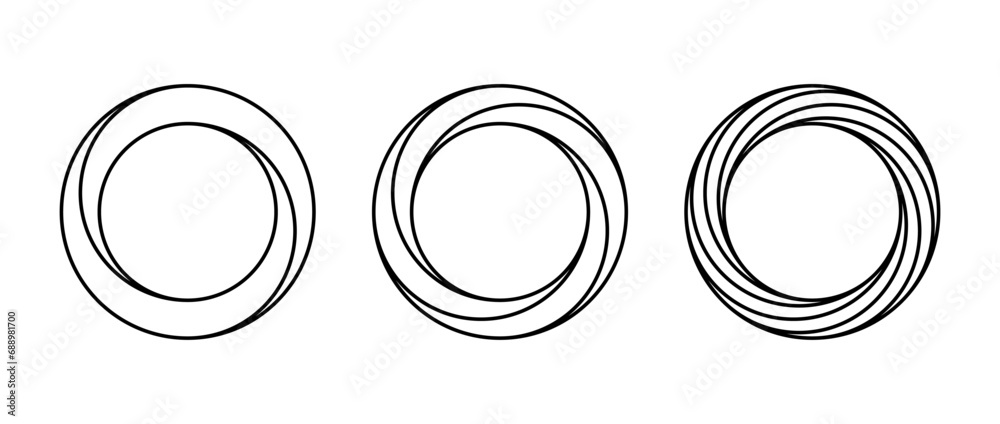 Poster Impossible circle shapes set. Line optical illusion rings. Outline mobius strips. Infinite loop. Abstract unreal geometric forms. Linear puzzle design elements for logo, icon, label, tag. Vector