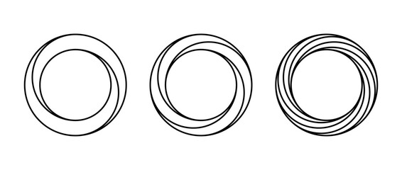 Impossible circle shapes set. Line optical illusion rings. Outline mobius strips. Infinite loop. Abstract unreal geometric forms. Linear puzzle design elements for logo, icon, label, tag. Vector