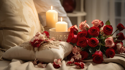 Obraz premium A romantic bed scene adorned with heart-shaped pillows and roses, capturing the love and intimacy. Perfect for conveying warmth and celebrating special moments at home.