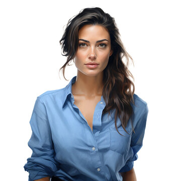 Beautiful female wearing blue shirt on transparent background, ai technology