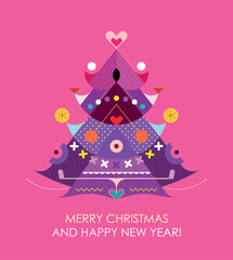 Abstract decorative flat style design isolated on pink red background Christmas Tree vector illustration.