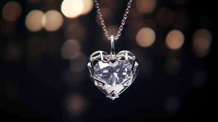 Silver necklace featuring a diamond heart pendant. An ideal accessory for weddings, anniversaries, or any moment you want to express romance. - obrazy, fototapety, plakaty