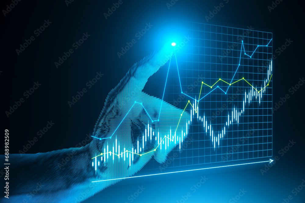 Poster close up of blue digital hand using creative candlestick forex graph on grid. dark blue background. 