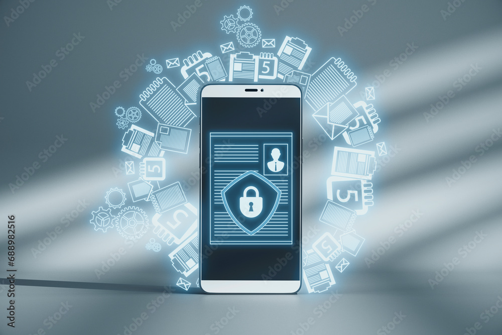 Poster Close up of smartphone with creative digital security padlock sketch on concrete wall background. Secure, safety and identification concept. 3D Rendering.