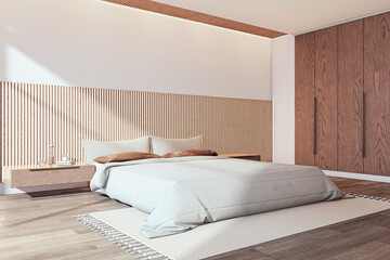 Contemporary luxury bedroom interior with king size bed and sunlight. Hotel room concept. 3D Rendering.