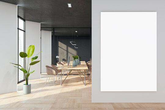 Modern glass meeting room interior with empty white mock up banner, wooden flooring and furniture. 3D Rendering.