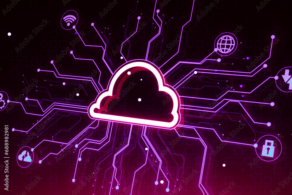 Aufkleber Creative digital circuit cloud on purple background. Data storage, server and technology concept. 3D Rendering.