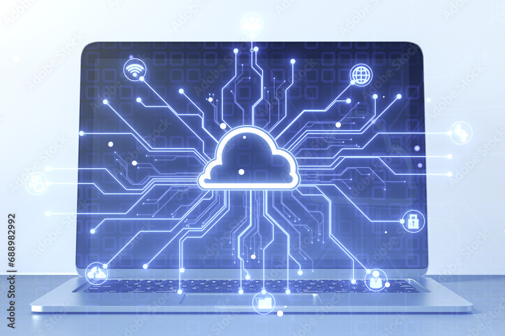 Poster close up of laptop with creative digital circuit cloud on blue background. data storage, server and 