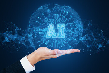AI concept with digital icon floating above hand, indicating advanced technology and smart business