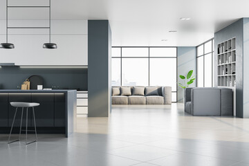 Modern concrete kitchen interior with panoramic city view, furniture and reflections on floor....