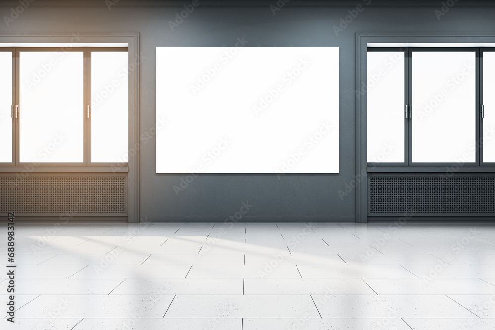Aufkleber modern gallery interior with empty white mock up banner on wall, concrete flooring and windows. 3d r