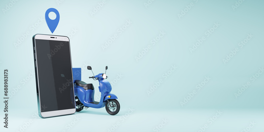 Poster Smartphone with location pin and blue scooter on a seamless turquoise backdrop. Delivery service concept. 3D Rendering