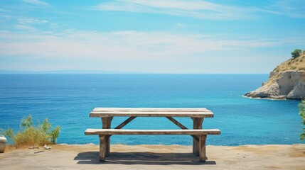 Scenic seaside picnic table overlooking the calm blue ocean on a sunny day