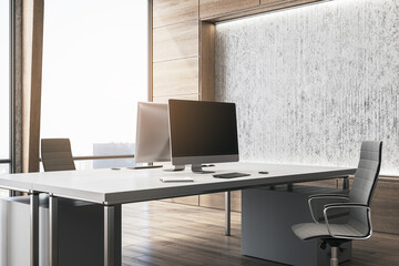 Contemporary concrete and wooden office interior with decorative wall, furniture, panoramic...