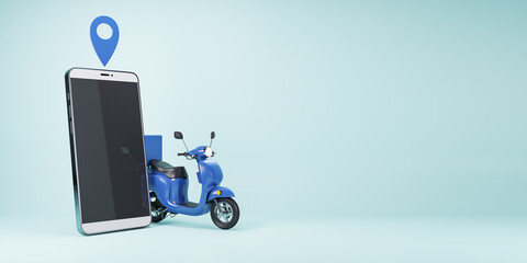 Smartphone with location pin and blue scooter on a seamless turquoise backdrop. Delivery service...