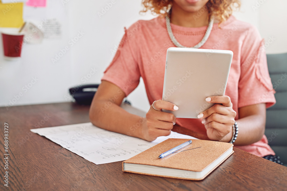 Poster hands, notebook or designer with tablet for research, technology or analysis online on website. news
