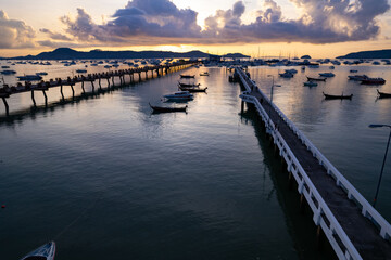 Aerial View Drone shot of Yacht and sailboat parking in marina, Transportation and travel background, Beautiful sea in summer season