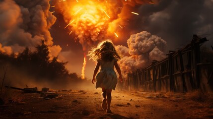 Girl running past a huge explosion - obrazy, fototapety, plakaty