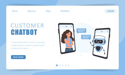 Customer chatbot concept. Landing page template. Woman talking with robot. AI assistant. Girl asking questions and receiving answers. Online support. Vector illustration in flat cartoon style.