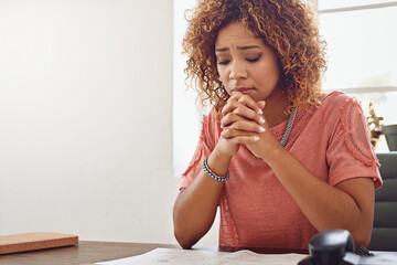 Office, woman or worker praying for career, job or work opportunity in workplace for God or hope....