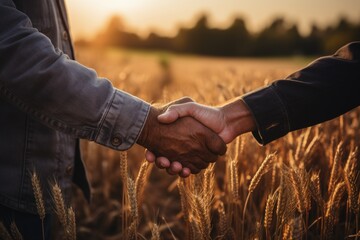 Two farmers standing in wheat field and shaking hands during sunset. AI generative - obrazy, fototapety, plakaty