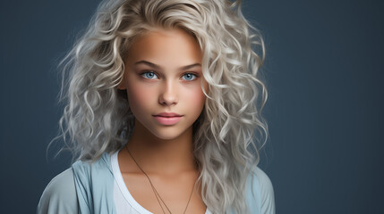 Fototapeta premium Close up Portrait of sireous curly girl with blindie hair on blue background, studio lighting.