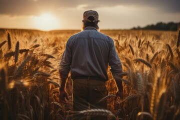 Senior male farmer looking at beautiful landscape in wheat field at sunset. AI Generative