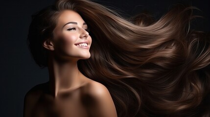 Fototapeta premium beautiful hair woman with stylish hairstyle, happy with beauty products, hair shampoo or conditioner, perfect healthy lovely shiny hair, fashion, modern, beauty, makeup, model, cosmetics