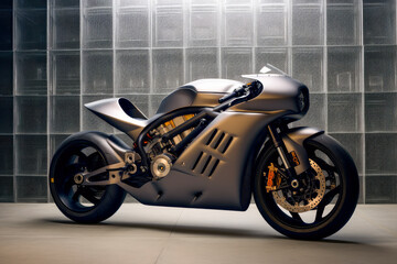 A futuristic titanium electric motorcycle in a modern garage. Future transport concept.